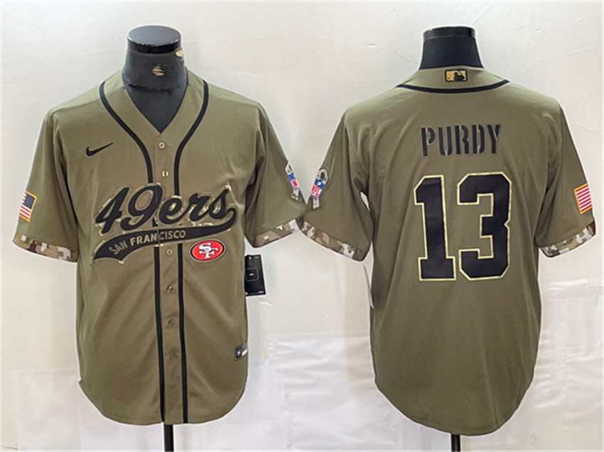 Men's Olive San Francisco 49ers #13 Brock Purdy Salute to Service With Patch Cool Base Stitched Baseball Jersey